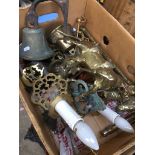 A box of mainly brassware to include 2 large horses, bells, outdoor lights, etc. Catalogue only,