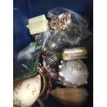 A blue crate containing large shells and other misc items Catalogue only, live bidding available via