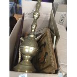 A box of assorted items to include Egyptian style prints, a torch, a bowl, wooden items, glass, etc.