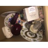 A box of mixed ceramics and glass inc Royal Doulton, Royal Winton, plated embossed jugs, etc