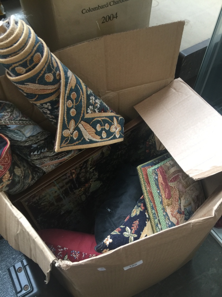 A box containing wall tapestries, cushions and stool with tapestry upholstery Catalogue only, live