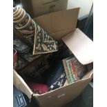A box containing wall tapestries, cushions and stool with tapestry upholstery Catalogue only, live