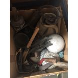 A mixed box of old tools, old pans, cow bell, etc Catalogue only, live bidding available via our