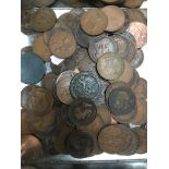 A tin of old pennies including worn "cartwheels" Catalogue only, live bidding available via our