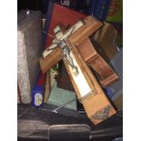 A box of cutlery and some misc items to include wooden cross. Catalogue only, live bidding available
