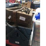 A metal tool box and a wooden tool carrier with tools Catalogue only, live bidding available via our