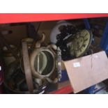 A brass jam pan and a box with copper kettle, scales, clock parts, oil lamp parts etc and 2