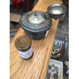 An antique desk top spirit burner and a Radio Licence savings bank with coins Catalogue only, live