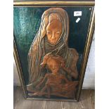 A copper embossed picture depicting women and child, signed 'Takis' and dated Nov (19)'84, 74cm x