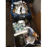 2 small plastic crates containing pottery including 4 Nao figures ( 2 damaged ), small Ainsley vase,