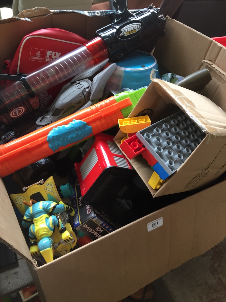 A box of children's toys. Catalogue only, live bidding available via our website. If you require P&P