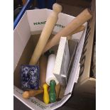 A box of rolling pins and other items Catalogue only, live bidding available via our website. If you