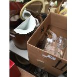 Box of glass inc ship in a bottle and a wooden tub of items Catalogue only, live bidding available