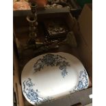 A mixed box with platter, brass candle sticks, tile etc Catalogue only, live bidding available via
