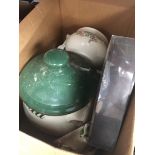 A box with large bread crock, other ceramics and a clock Catalogue only, live bidding available