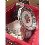 A red crate of mixed ceramics and glass Catalogue only, live bidding available via our website. If