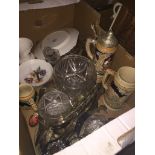 A box of assorted pottery and glassware, lidded stein, cutlery, etc. Catalogue only, live bidding