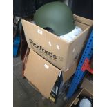 Two boxes and a bag of military style helmets and water bottles Catalogue only, live bidding