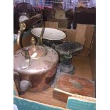 A copper kettle, a brass bound box and a kitchen weighing scales with weights Catalogue only, live