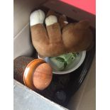 A box of misc to include storage jars, soft toy, pottery, etc. Catalogue only, live bidding