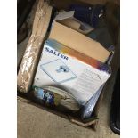 A box of misc to include bathroom scales, electric window cleaner, bedding, torch, etc Catalogue