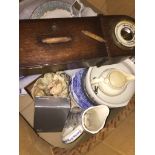 Large box with barometer, pottery etc. Catalogue only, live bidding available via our website. If