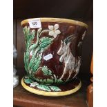 Victorian Majolica jardiniere with base - some cracks Catalogue only, live bidding available via our