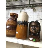 Two West german vases and an African head Catalogue only, live bidding available via our website. If