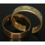Two hallmarked 18ct gold wedding bands (one split), wt. 5.70g, size L.