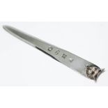 A silver paper knife with fox head finial, J.B. Chatterley & Son, Birmingham 1992, length 14cm.