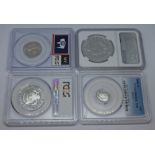 A group of four slabbed silver coins comprising Elizabeth II 2019 1oz Britannia, United States