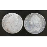 Two sixpences: William III 1696 sixpence and George II 1757.