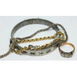 A mixed lot including a hallmarked 9ct gold ring, 3.42g, a bangle and two chains.