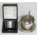 Hallmarked silver comprising a tankard, a pin dish and a cased serviette ring, wt. 6oz.