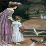 Early 20th century school, mother and child feeding pigeons, oil on canvas, 38cm x 50cm, signed 'P