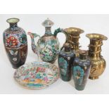 A mixed lot of oriental ceramics and metal ware comprising a pair of Chinese bronze vases with