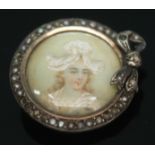 A portrait miniature brooch, white metal set with a diamond and pearls, diam. 23cm, gross wt. 4.72g.