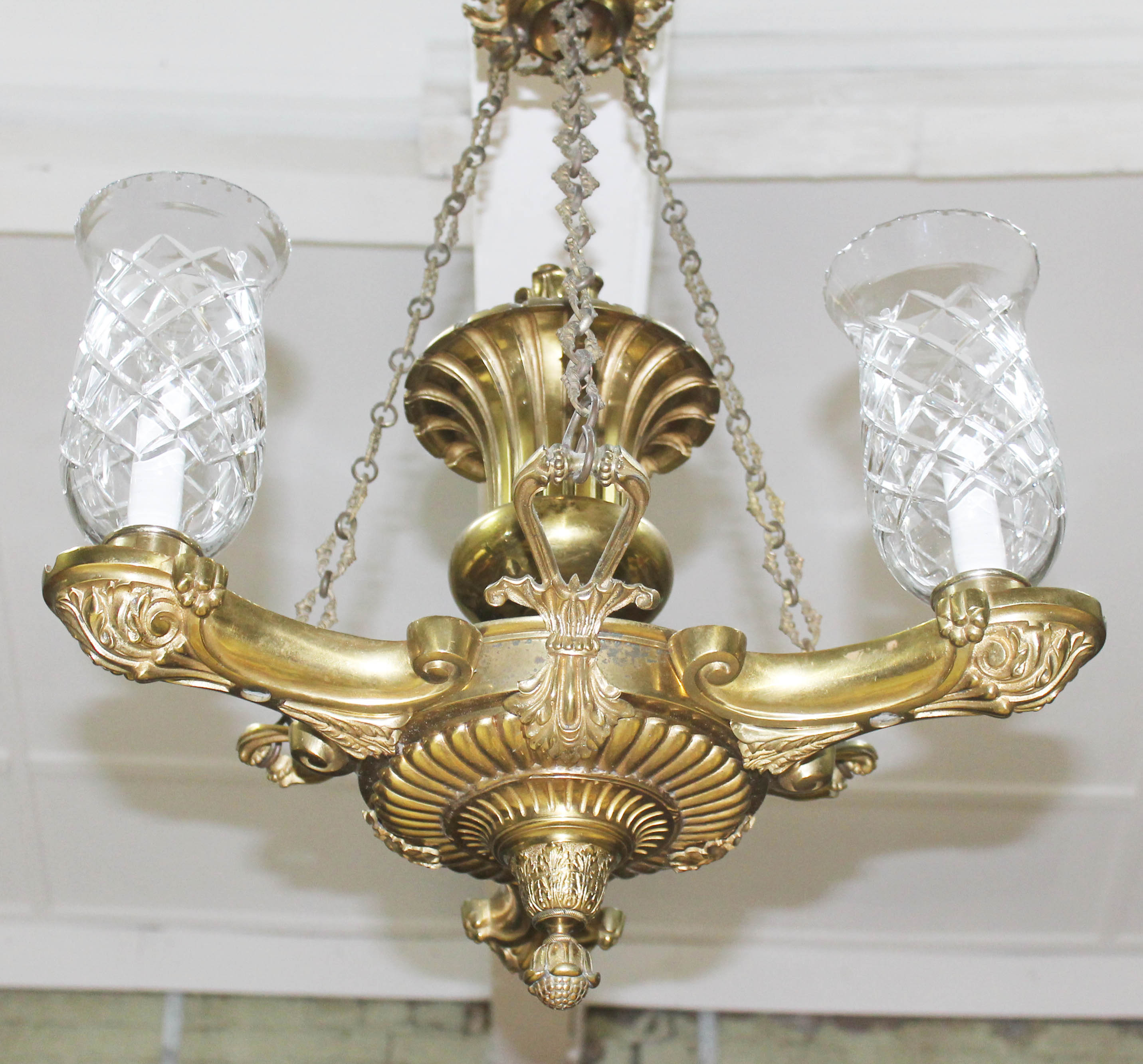 A Victorian gilt brass hanging light fitting, length 65cm