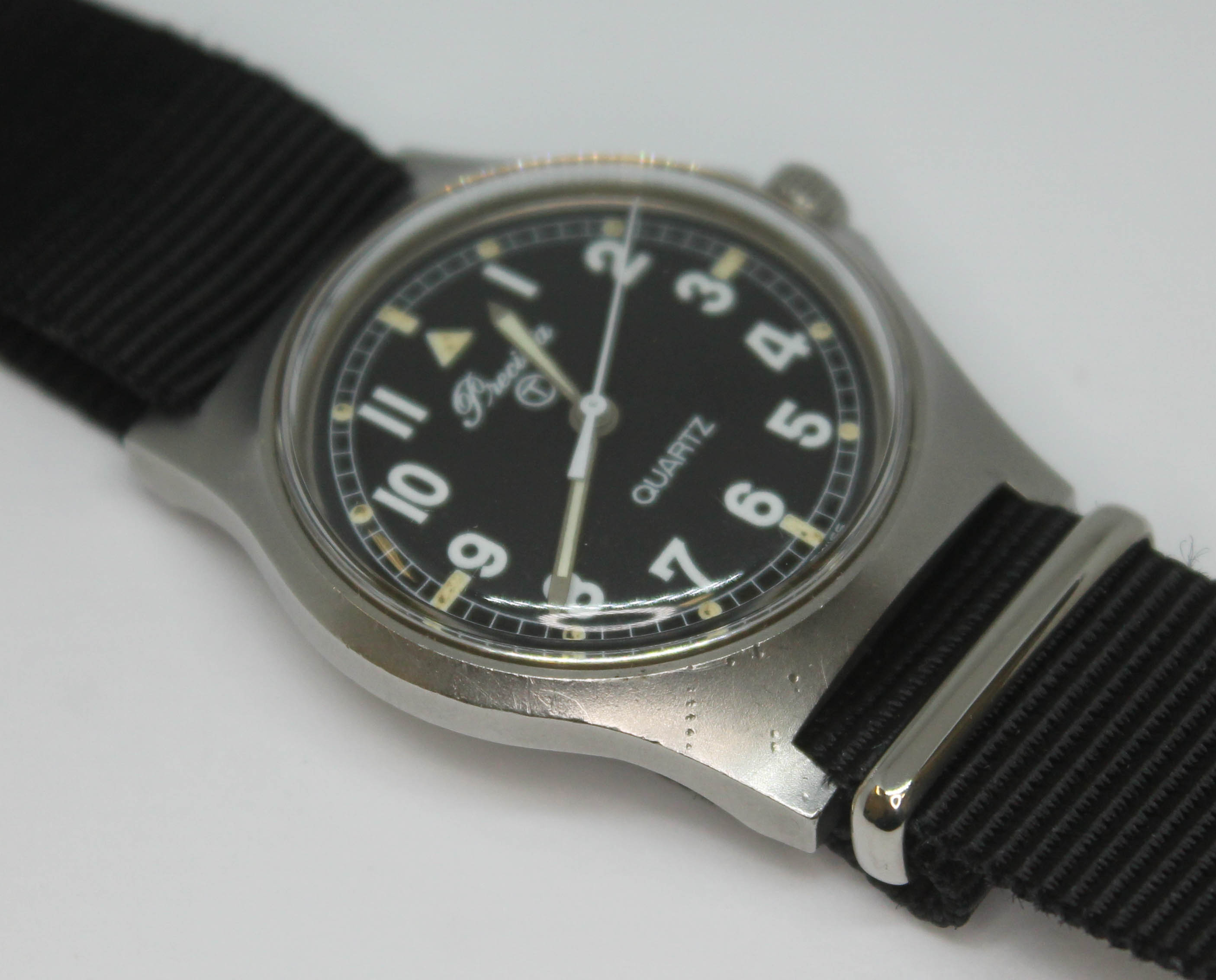A 1980 Precista UK military stainless steel quartz wristwatch having signed black dial Arabic - Bild 2 aus 7