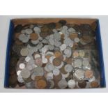 A tray of various coins, mainly GB copper, also world and commonwealth, various denominations.