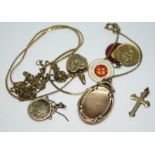 A mixed lot of jewellery including two hallmarked 9ct gold lockets wt. 4.89g, yellow metal etc.