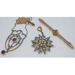 A mixed lot comprising an Edwardian pendant set with amethyst and split pearls, marked '9ct',