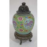 A Chinese 19th century ginger jar, with pierced and carved wood cover and stand, total height 41cm.