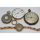A group of four watches comprising a yellow metal pocket watch wt. 50.73g, a ladies 9ct gold watch