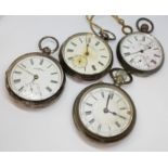 Three silver pocket watches and another