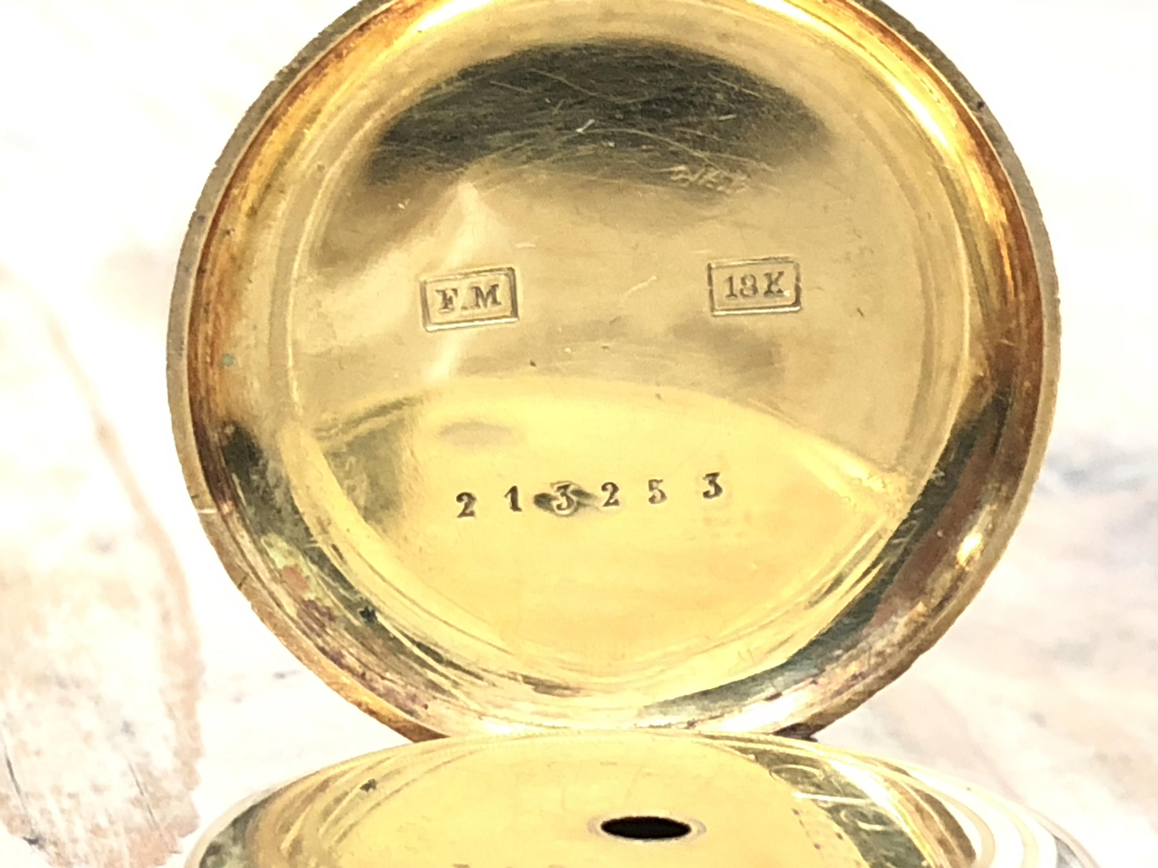 A ladies bright engraved pocket watch, marked '18K', diam. 32mm, gross wt. 26.67g. - Image 6 of 8
