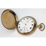 A gold plated Waltham full hunter pocket watch with signed white enamel dial, Roman numerals and