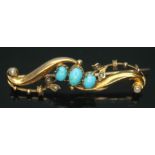 A brooch set with turquoise and split pearls, marked '9ct', gross wt. 2.12g, with case.