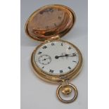 A gold plated Waltham full hunter pocket watch with signed white enamel dial, Roman numerals and