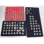 Three blue trays of mainly GB coins including various pre '46 shillings, South Africa 1897 2 1/2